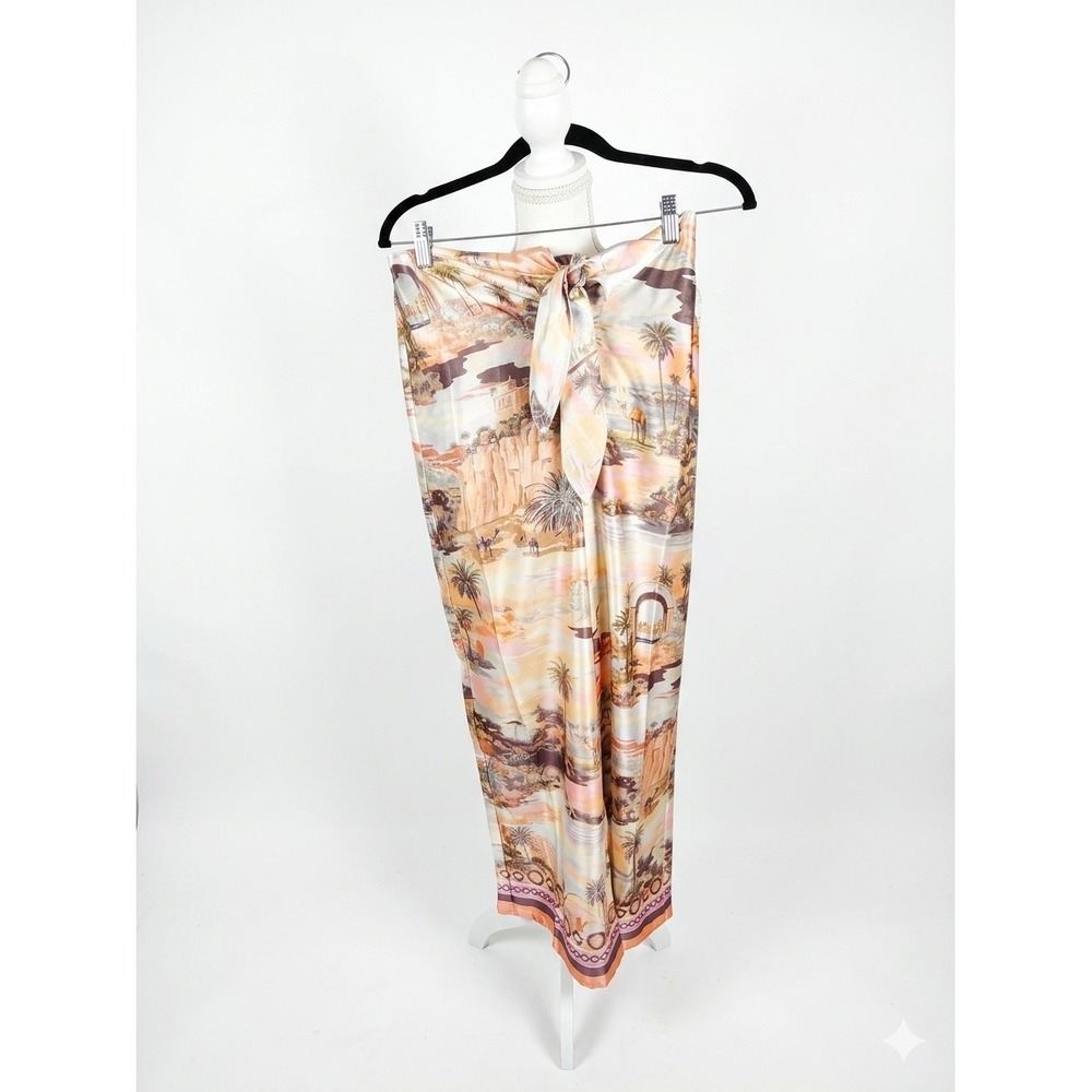 Dress Forum Dusk Oasis Silky Wide Leg Pants Rose Landscape Print Tie Front L